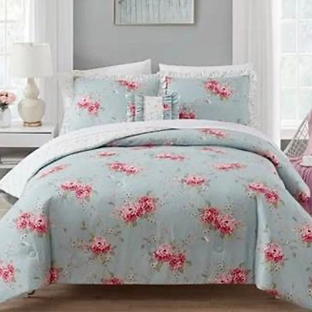 Rachel Ashwell Simply Shabby Chic Belle Hydrangea Blue KING Duvet & Ruffle Shams